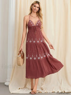 Halter Tie Up Embroidered Boho Dress wine / S