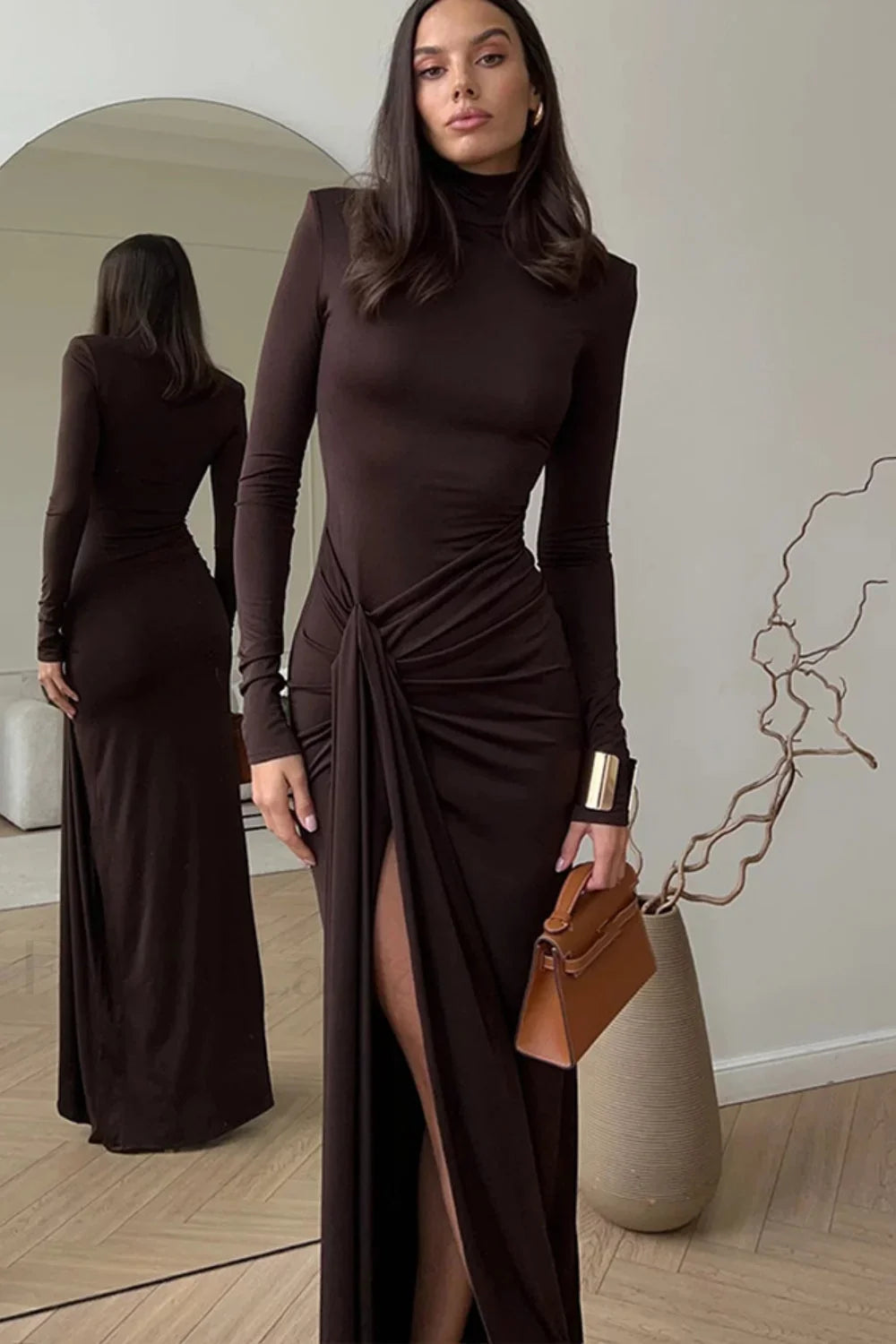 High Neck Patchwork Tie Maxi Dress Brown / S