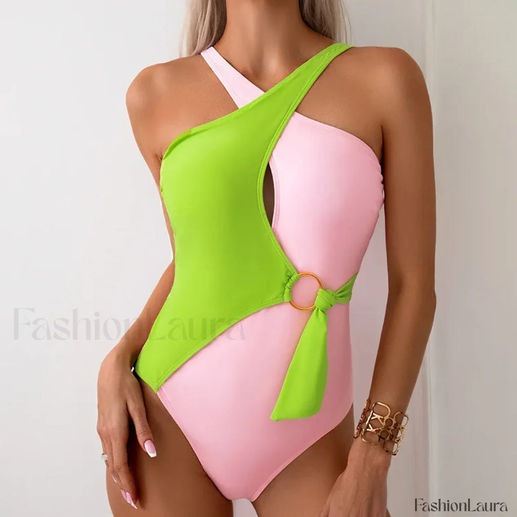 High Waist Patchwork One Piece Green / S