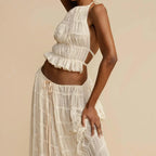 2Piece Skirt Set for Women Lace Up Back Tank Tops Tie Up High Waist Long Skirts Outfits Fairy Vacation Cottagecore Lace
