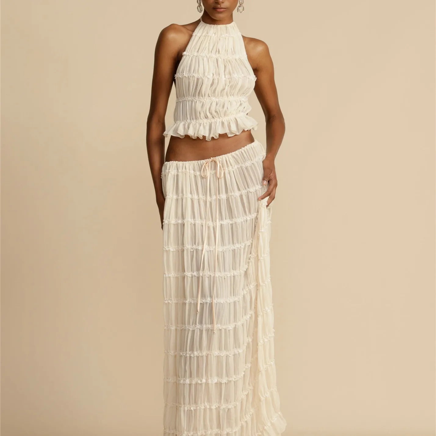 2Piece Skirt Set for Women Lace Up Back Tank Tops Tie Up High Waist Long Skirts Outfits Fairy Vacation Cottagecore Lace