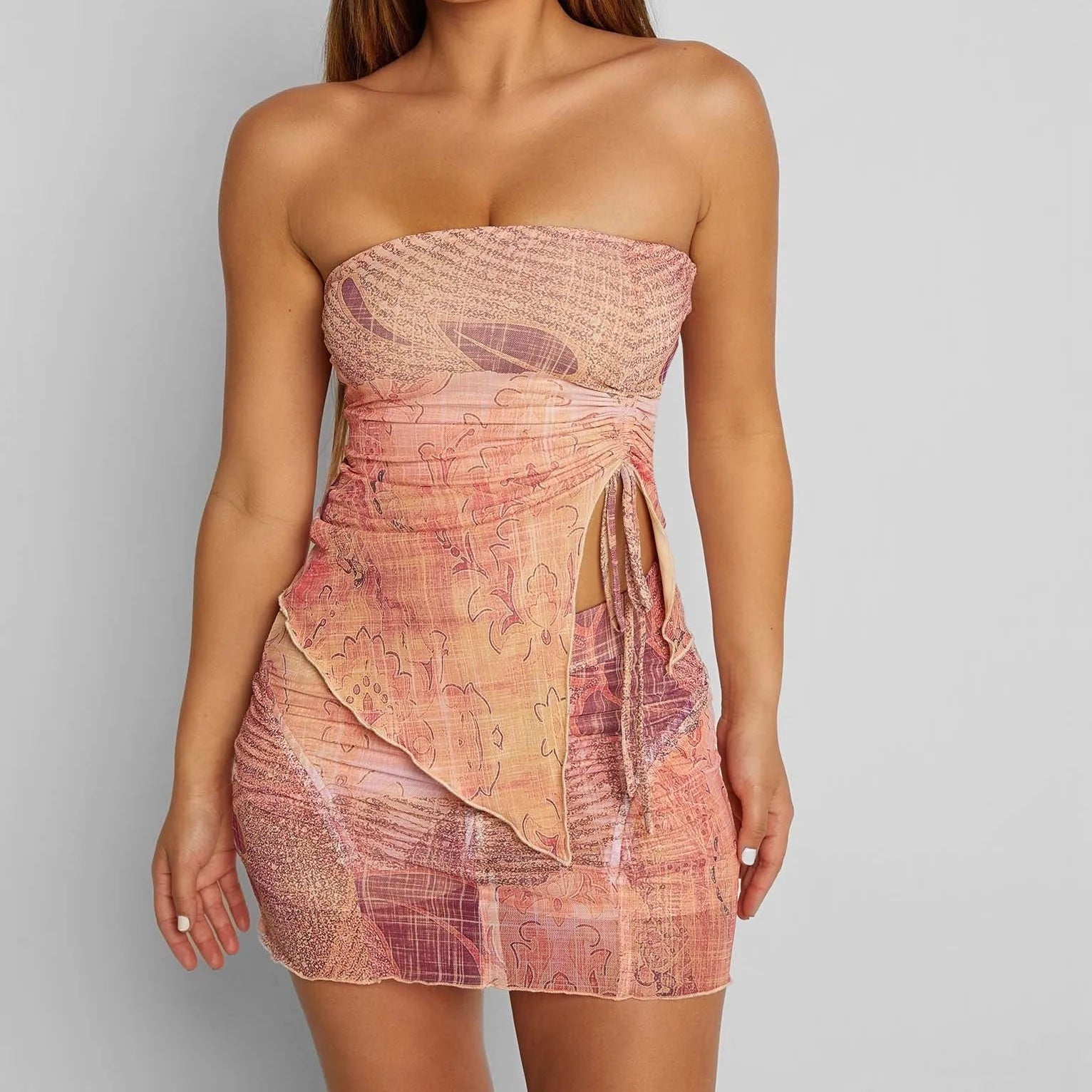 Vintage Printed Strapless Tube Top Bodycon Mini Skirt Main image