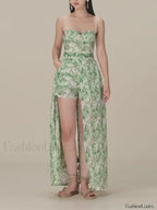 Hit Color Strapless Shorts Two Piece Set Green / S