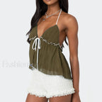 Lace Up Split Front Crop Top army green / S