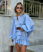 Layered Ruffled Single Boho Dress Blue / S
