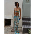 Leopard Deep V Neck Floral Dress blue / S