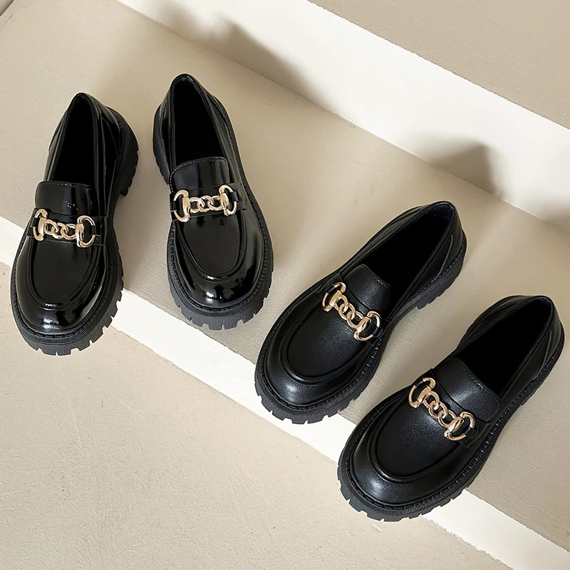 Black Patent Leather Platform Fashion Tassel British Middle Heels Flats Loafers Secondary image
