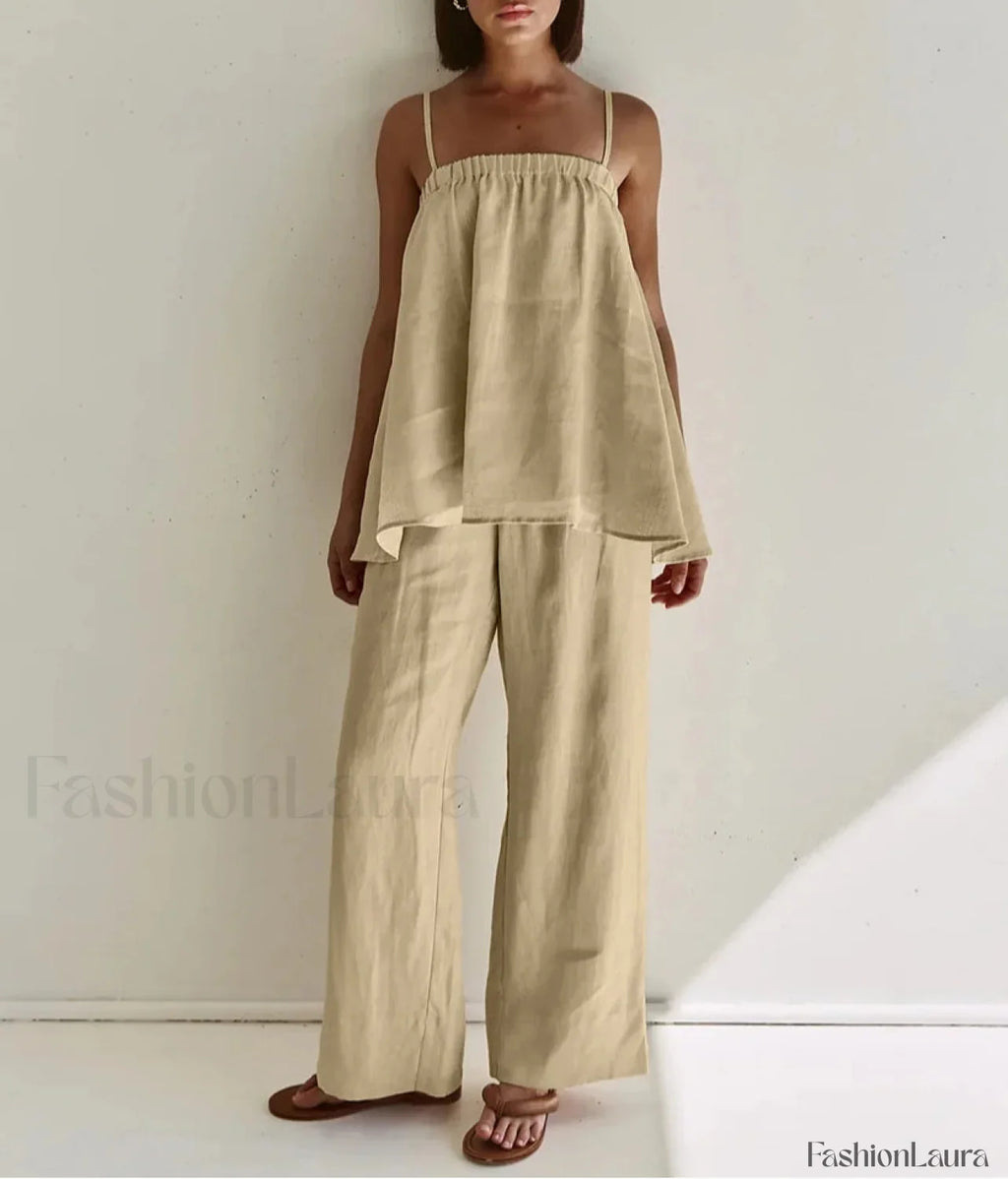 Loose Khaki Cotton Tank Pants Two Piece Set Khaki / S
