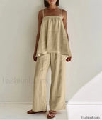Loose Khaki Cotton Tank Pants Two Piece Set Khaki / S