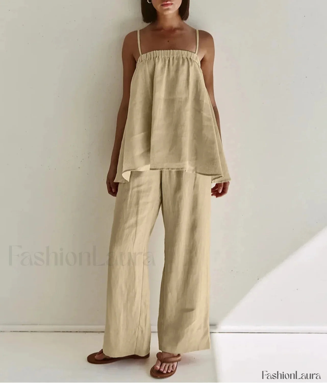 Loose Khaki Cotton Tank Pants Two Piece Set Khaki / S