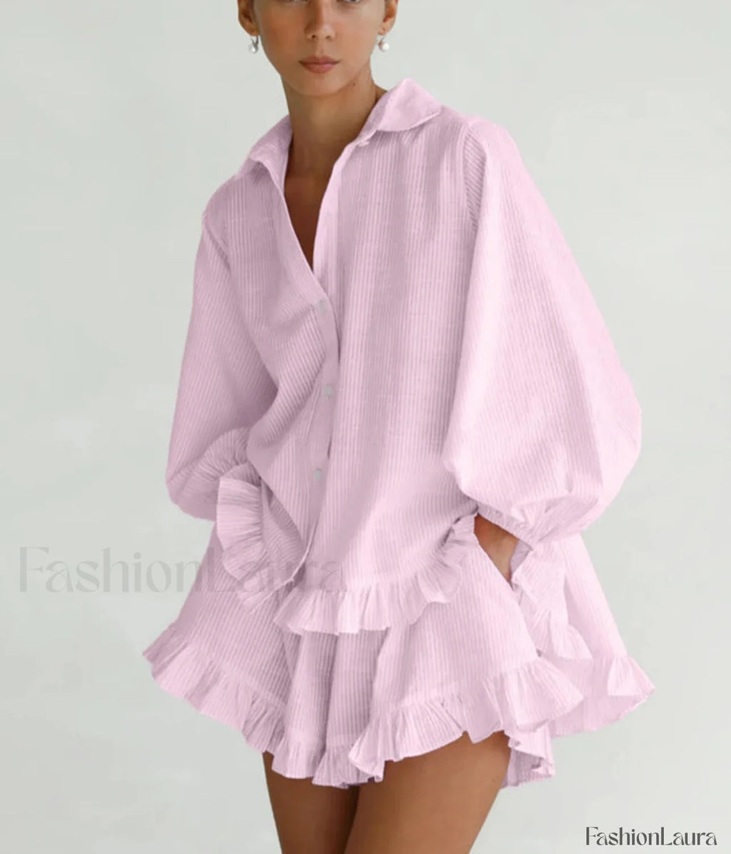 Loose Pink Stripe Ruffle Shorts Two Piece Set Pink / S