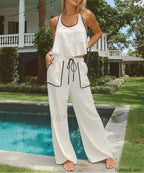 Loose White Cotton Tank Wide Two Piece Set WHITE / S