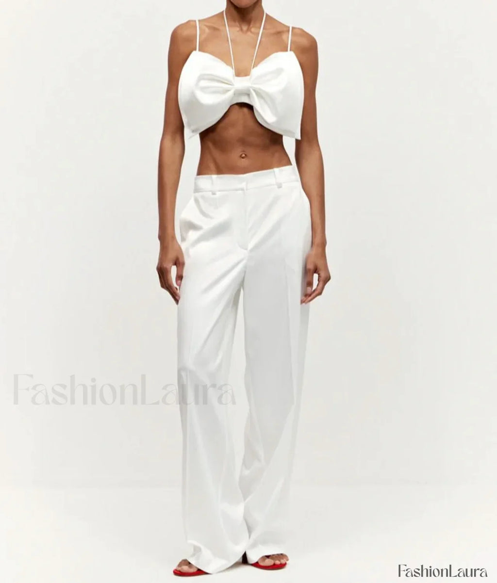 Loose White Satin Bow Skirt Two Piece Set WHITE / S