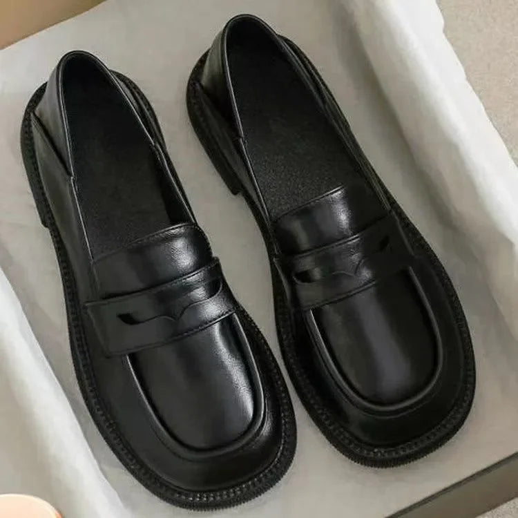 Luxury Black Leather Platform British Style Low Heels Casual Spring Loafers