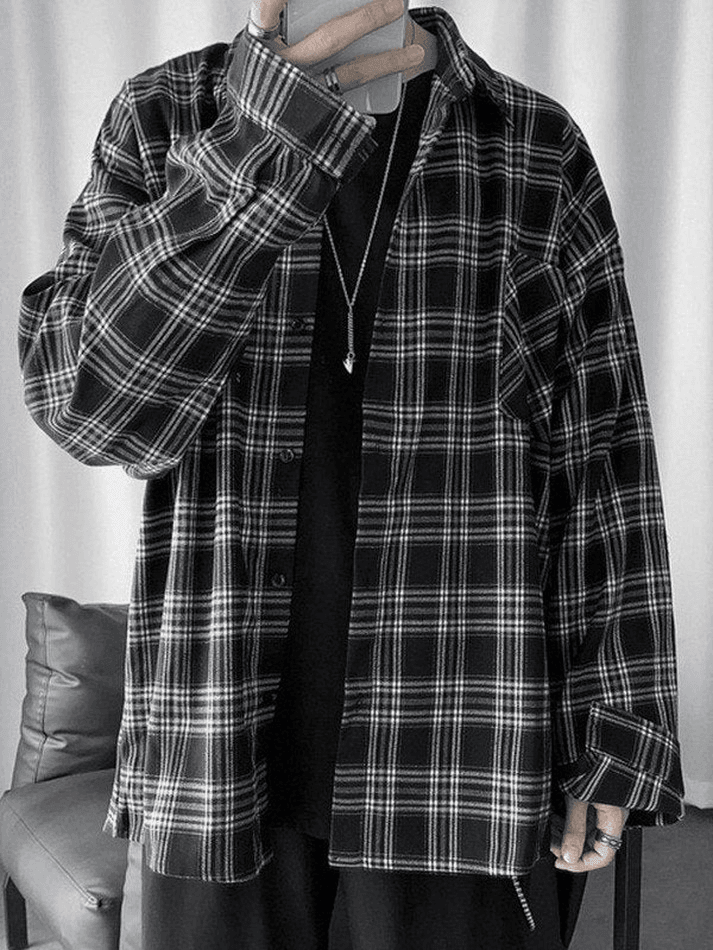 Men’s Long Sleeve Checkered Button Shirt Black / M Tops&Tees