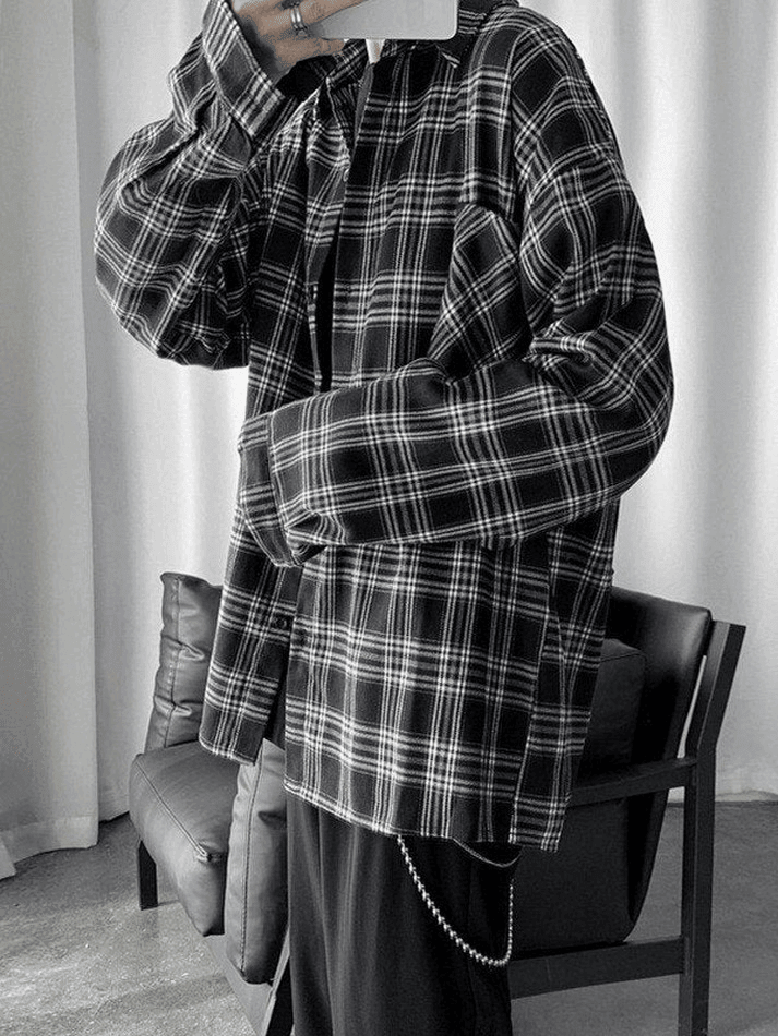 Men’s Long Sleeve Checkered Button Shirt Tops&Tees