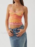 Mesh Graphic Bow Ruffle Crop Top