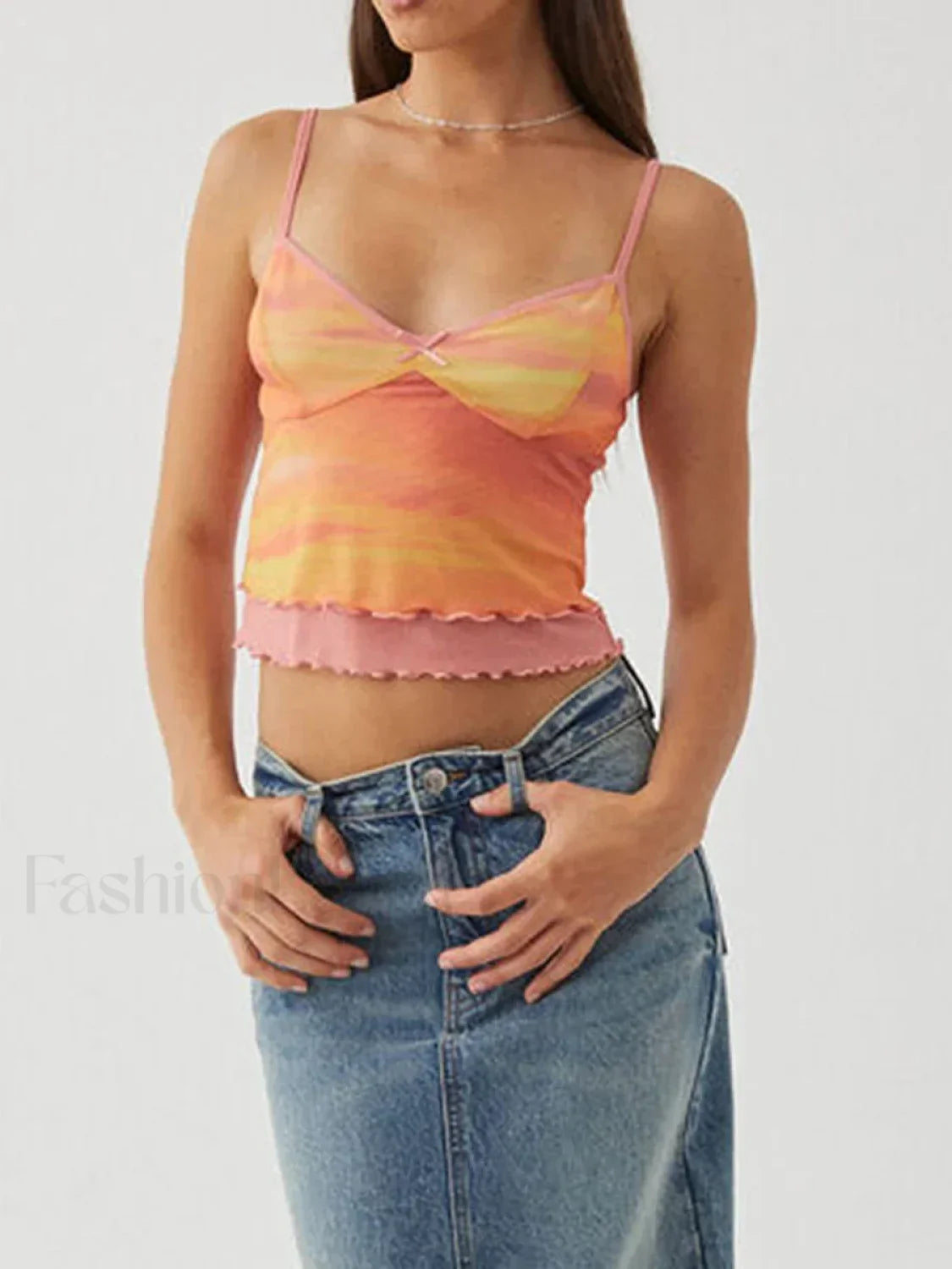 Mesh Graphic Bow Ruffle Crop Top
