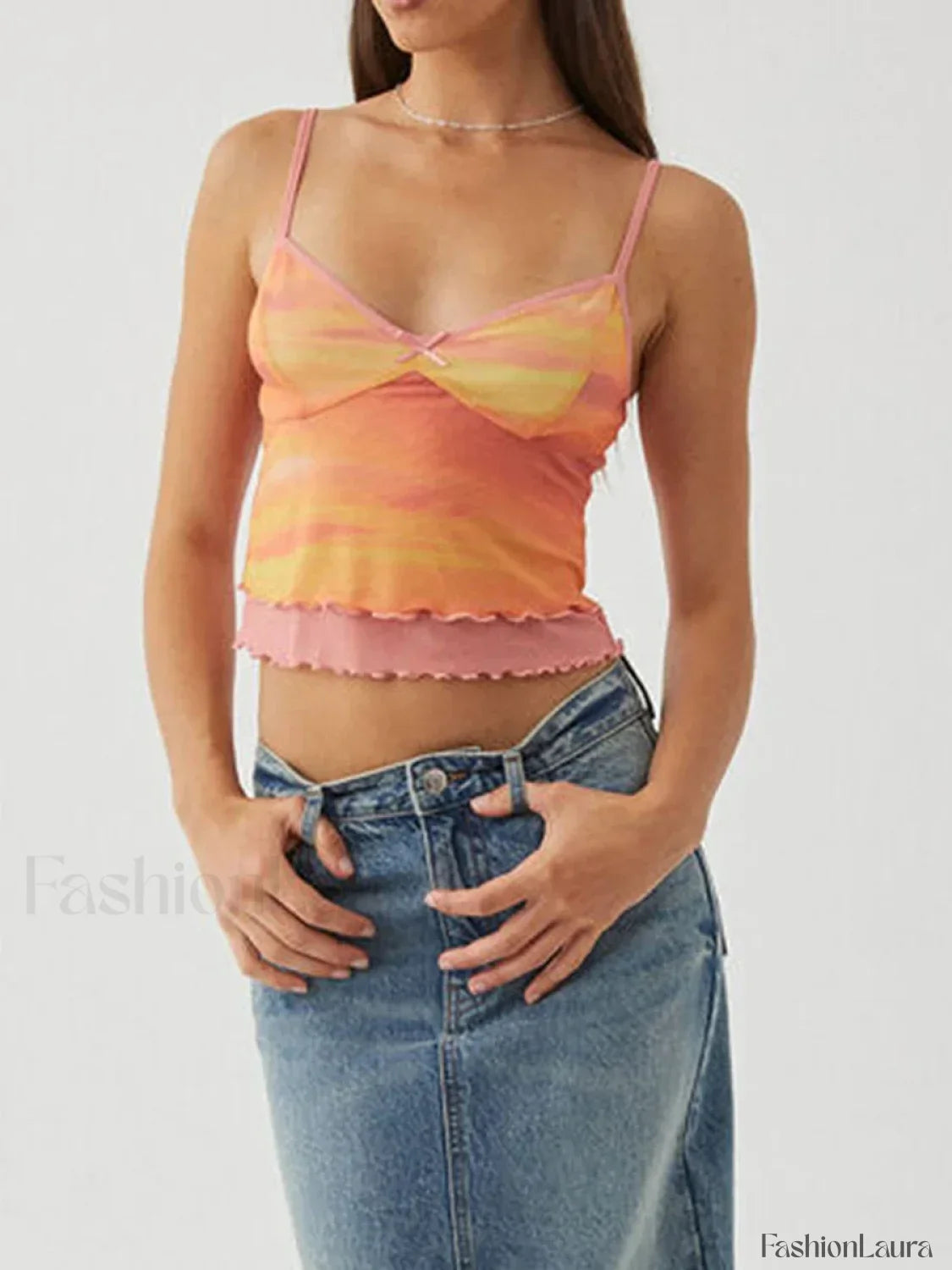 Mesh Graphic Bow Ruffle Crop Top