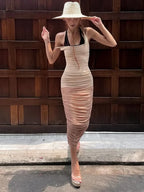 Mesh Patchwork Pleated Midi Dress