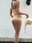Mesh Patchwork Pleated Midi Dress Khaki / S