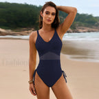 Mesh Patchwork Solid Color One Piece Navy blue / S