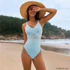 Mesh Patchwork Solid Color One Piece SKY BLUE / S