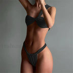 One Shoulder Low Waist Bikini Set Black / S