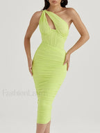 One Shoulder Mesh Midi Dress