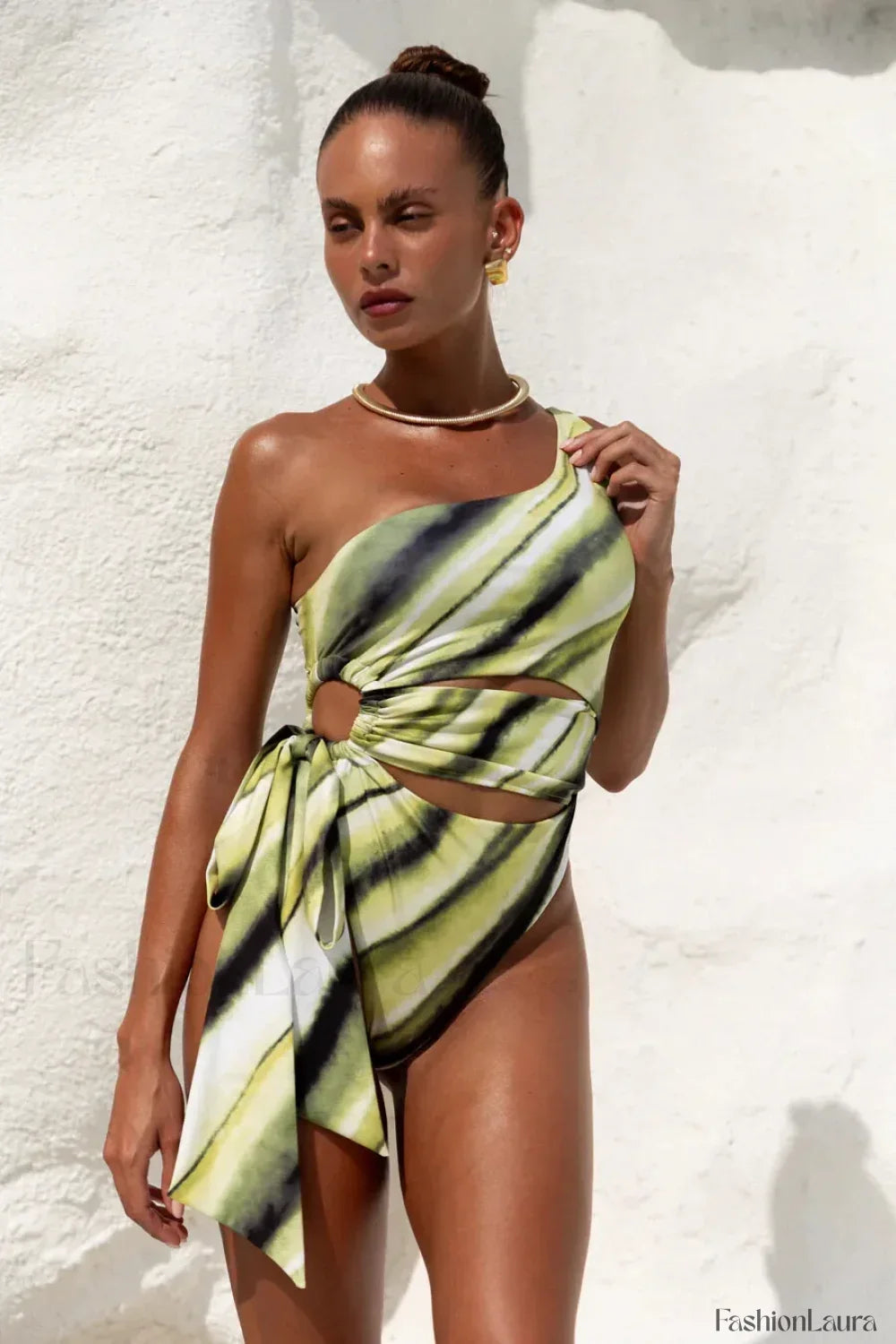 One Shoulder Print Hollow One Piece green / S