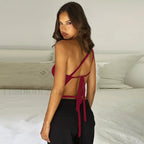 One Shoulder Solid Color Lace Up Irregular Short Crop Top