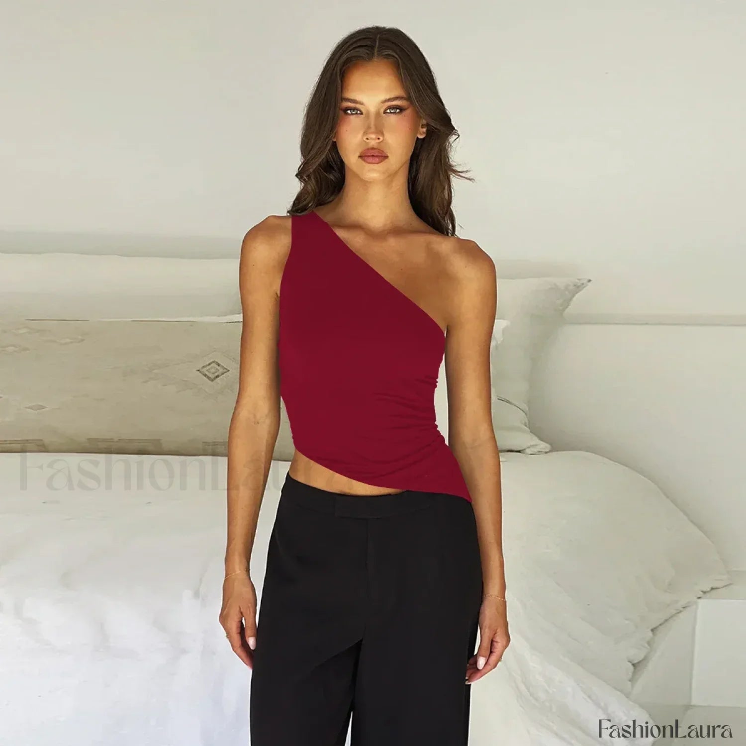 One Shoulder Solid Color Lace Up Irregular Short Crop Top