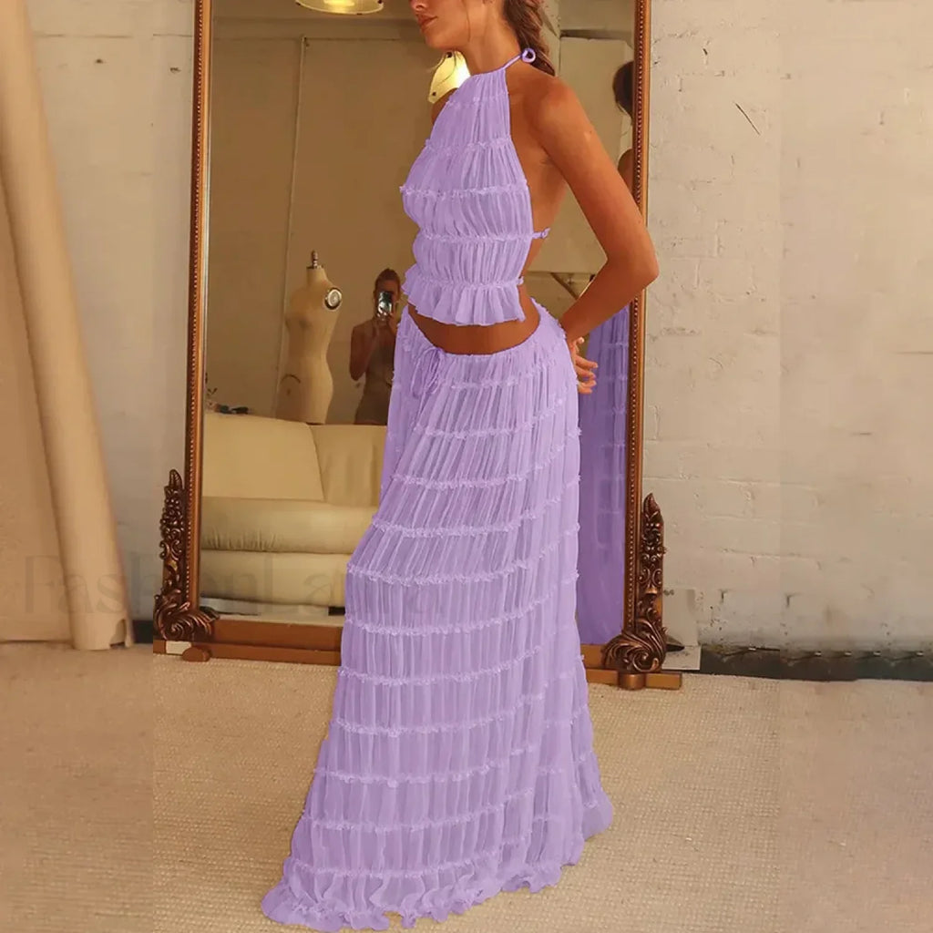 Party Beach Halter Skirt Two Piece Set Purple / S