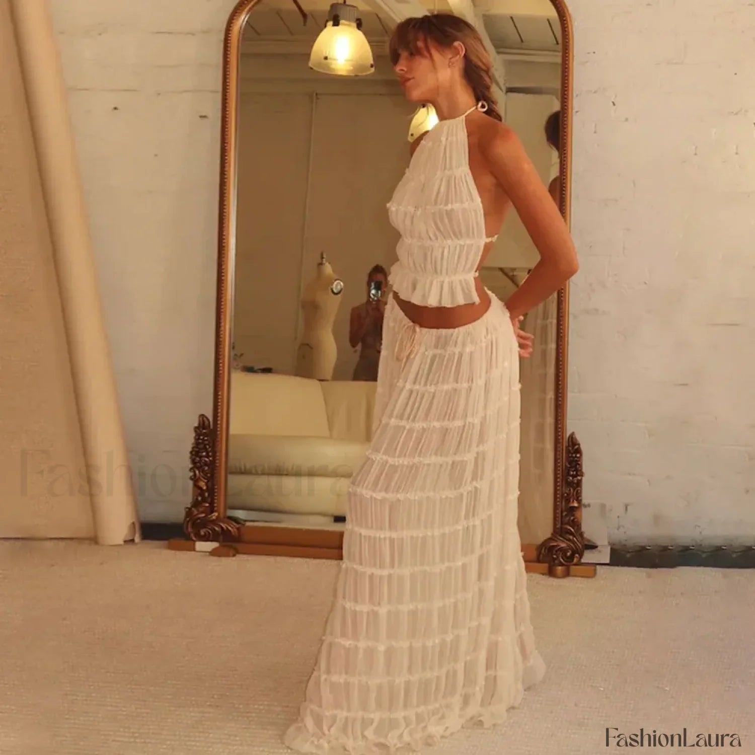Party Beach Halter Skirt Two Piece Set Apricot / S