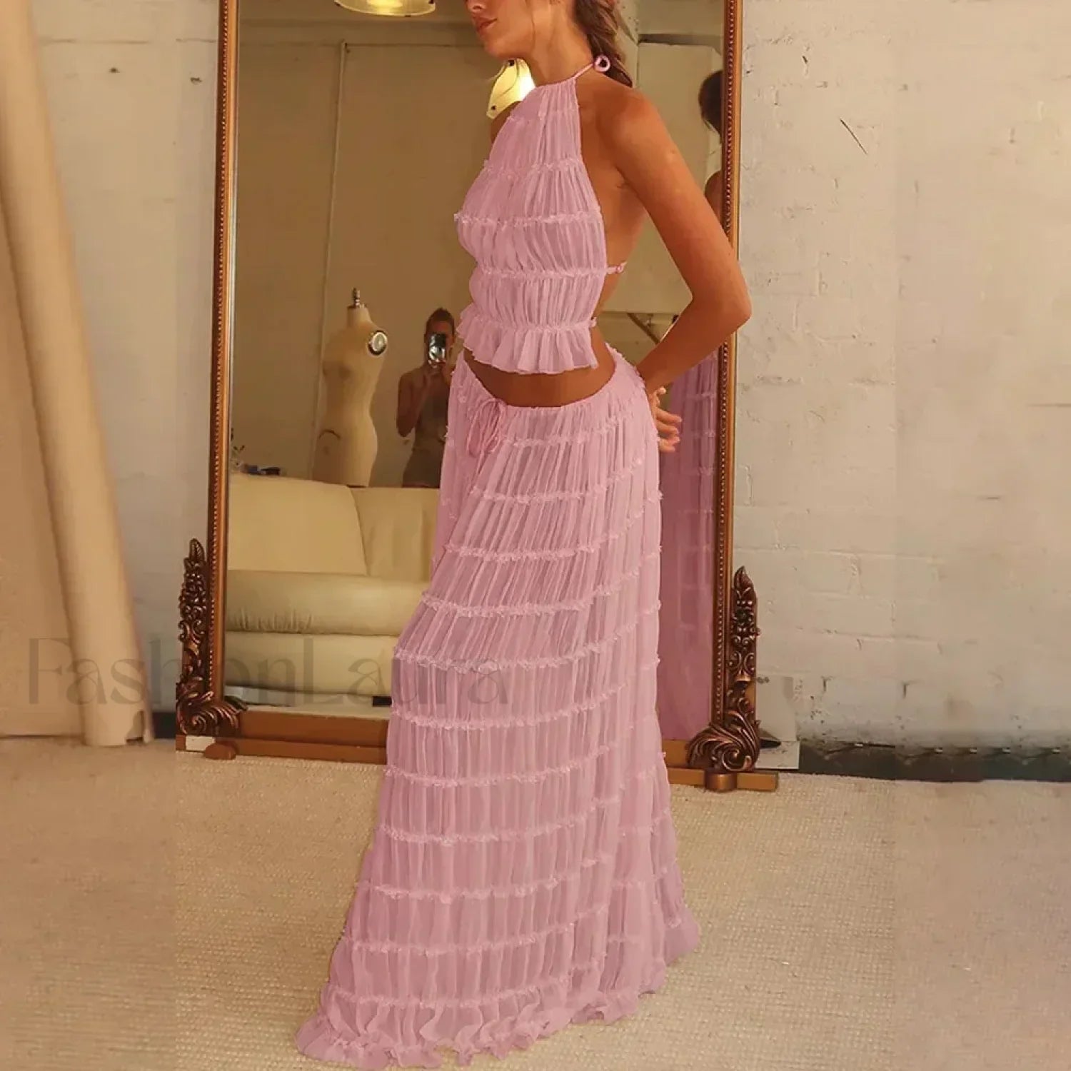 Party Beach Halter Skirt Two Piece Set Pink / S