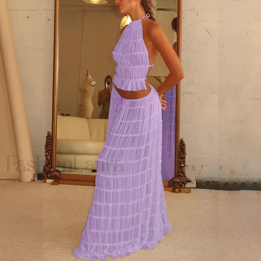 Party Beach Halter Skirt Two Piece Set Purple / S