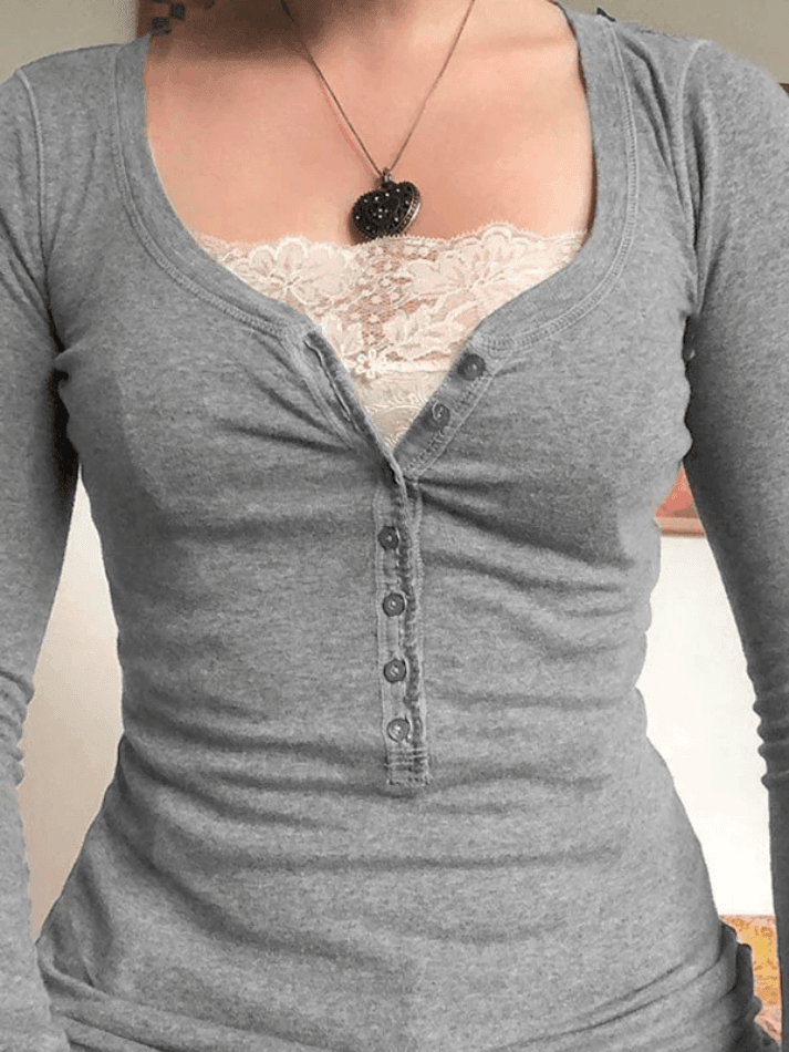 Patchwork Lace Buttoned Long Sleeve Tee Tops&Tees