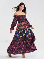 Patchwork Puff Sleeve Boho Dress wine / S