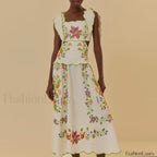 Patchwork Square Collar Boho Dress WHITE / S
