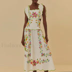 Patchwork Square Collar Boho Dress WHITE / S