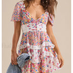 Patchwork Tiered Floral Dress purple / S
