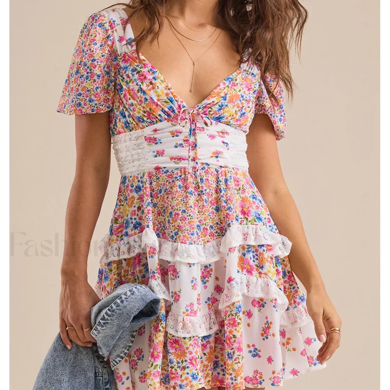 Patchwork Tiered Floral Dress purple / S