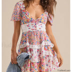 Patchwork Tiered Floral Dress purple / S