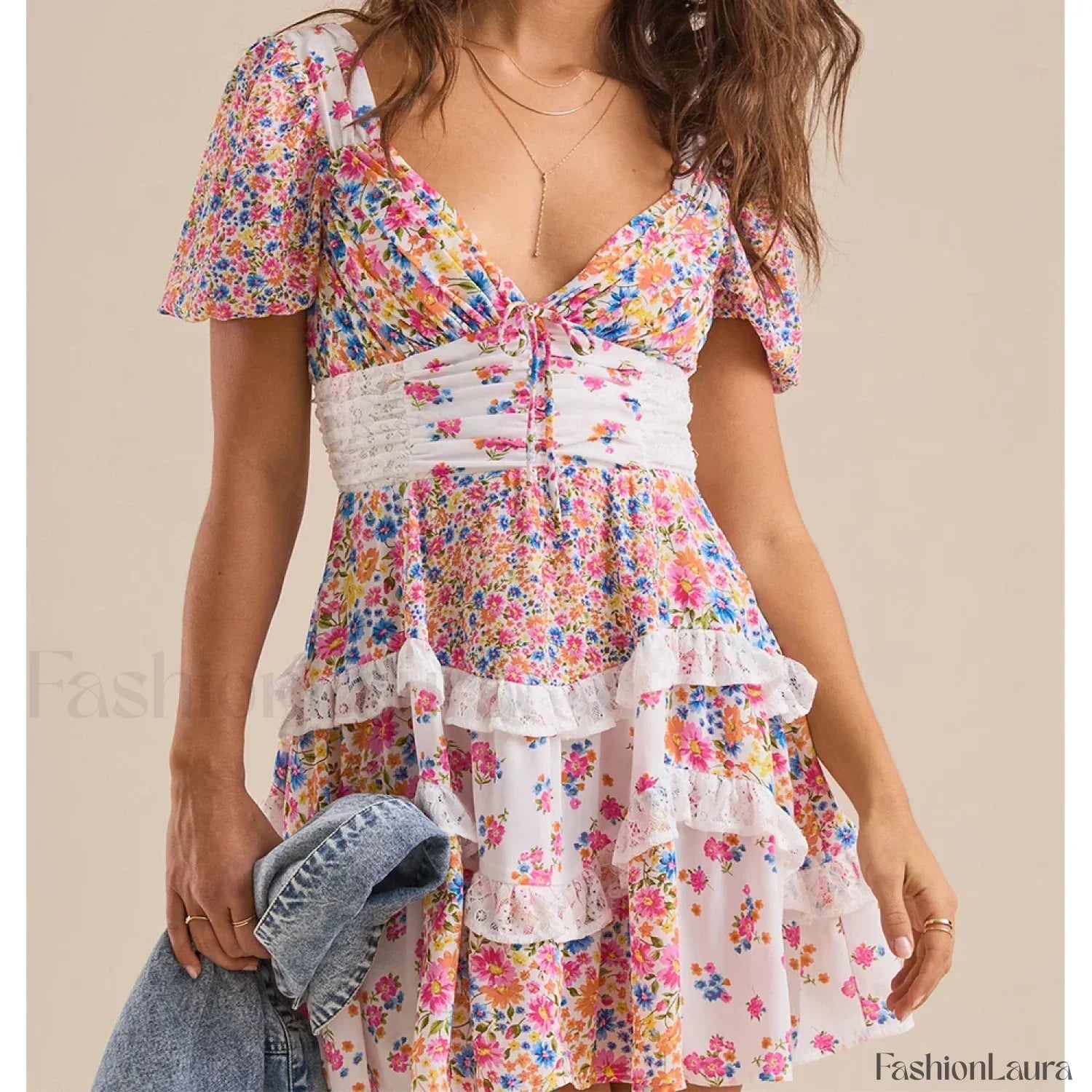 Patchwork Tiered Floral Dress purple / S