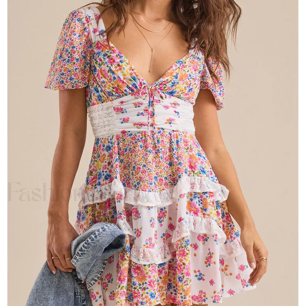 Patchwork Tiered Floral Dress purple / S