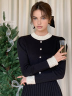 Pearl Beaded Contrast Trendy Trim Button Knit Top Black / XS Sweaters L