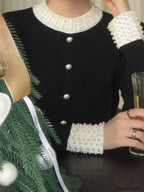 Pearl Beaded Contrast Trendy Trim Button Knit Top Sweaters L