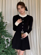 Pearl Beaded Contrast Trendy Trim Button Knit Top Sweaters L