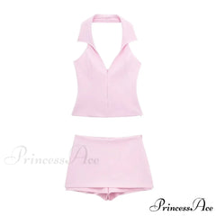 Pink Halter Sleeveless Charming Top And Skort Set