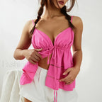Pink Tie Hollow Boho Crop Top